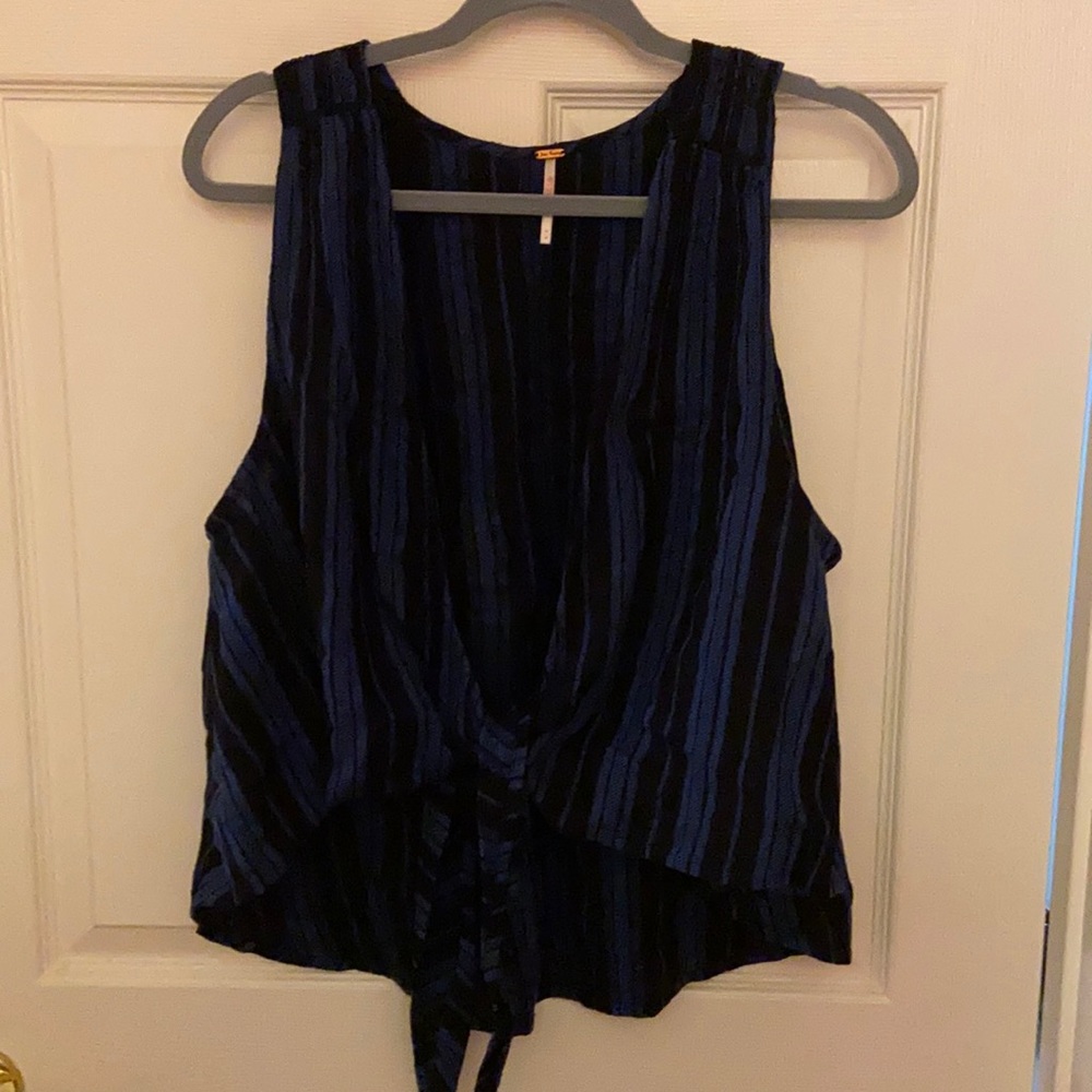Free People Medium Blue and Black Striped Tie Front Vest
